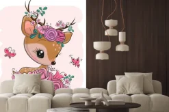 Naklejka: Dziecięca ilustracja z jelonkiem w kwiatach