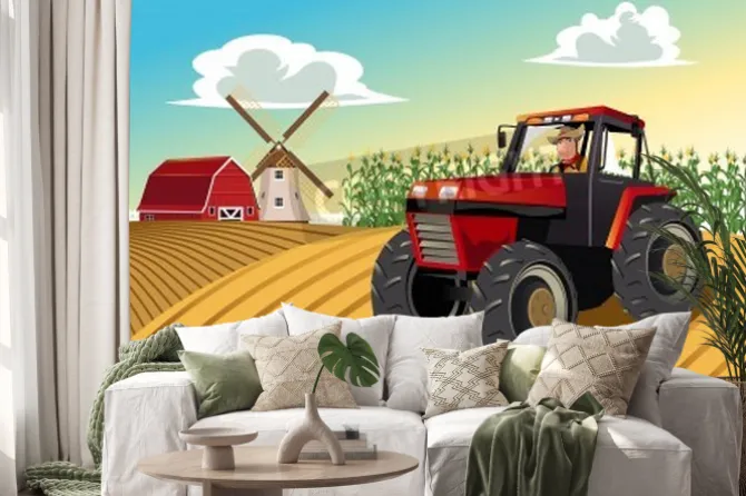 Naklejka: Dziecięca ilustracja z rolnikiem na traktorze