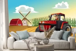 Naklejka: Dziecięca ilustracja z rolnikiem na traktorze