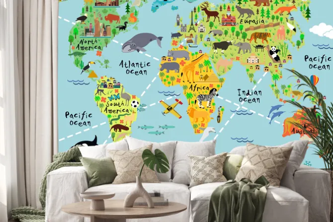 Naklejka: Dziecięca mapa świata z nazwami kontynentów i zwierzętami