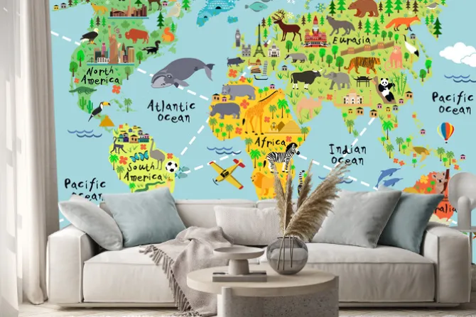 Naklejka: Dziecięca mapa świata z nazwami kontynentów i zwierzętami