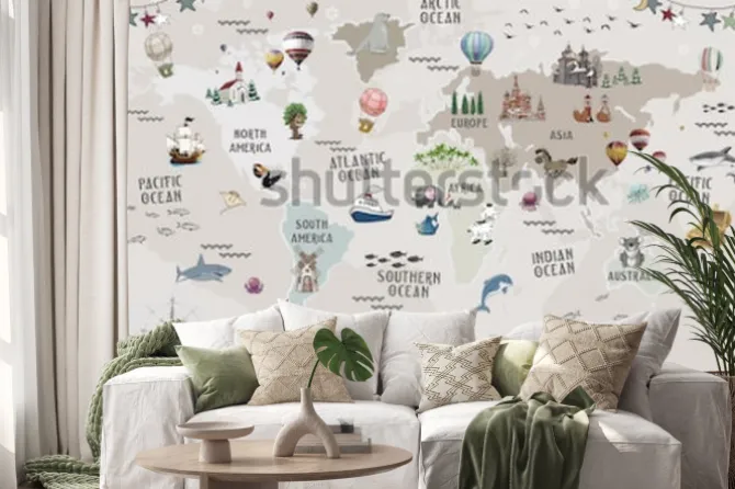 Naklejka: Dziecięca mapa świata ze zwierzątkami i balonami