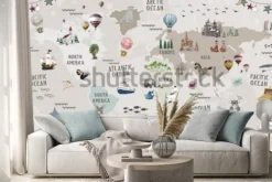 Naklejka: Dziecięca mapa świata ze zwierzątkami i balonami