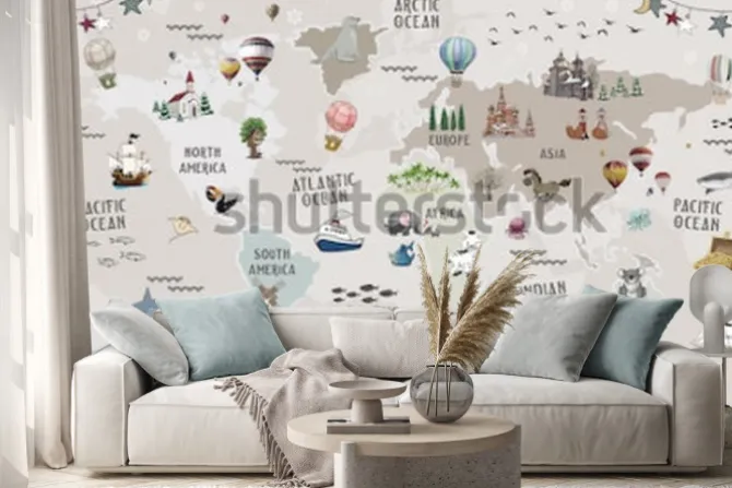 Naklejka: Dziecięca mapa świata ze zwierzątkami i balonami