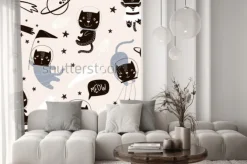 Naklejka: Dziecięcy wzór z ślicznymi kotów astronautami. twórczy tło przedszkola.