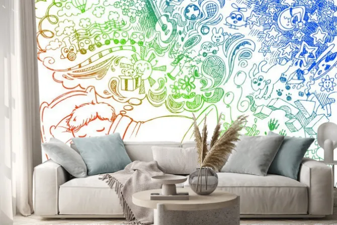 Naklejka: Dziecko w łóżku marzy o zabawkach i zabawnych rzeczy