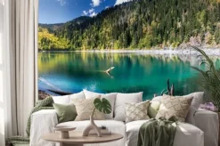 Naklejka: Dziewczyna podziwia scenic widok na góry i jezioro w ritsa reserve