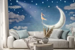 Naklejka: Dziewczynka stojąca na księżycu malunek