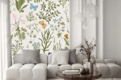 Naklejka: Dzikie kwiaty i kolorowe motyle ilustracja