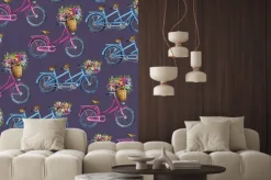 Naklejka: Eamless wzór z rowerami i kwiatami