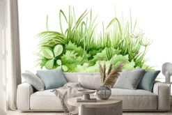 Naklejka: Easter green grass close up watercolor illustration. lush spring