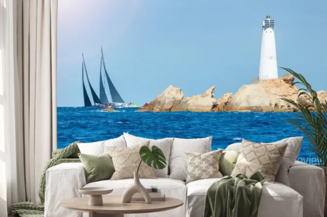 Naklejka: Żeglarstwo na sardynii, monaci latarni na wyspie, włochy