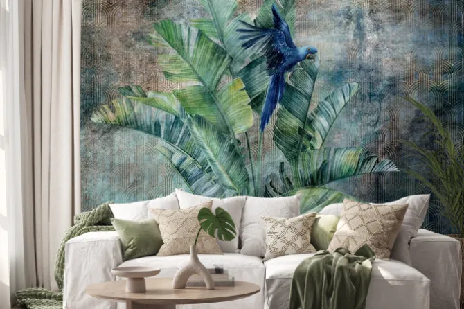 Naklejka: Egzotyczna papuga wśród bujnych bananowców