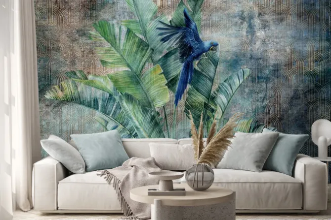 Naklejka: Egzotyczna papuga wśród bujnych bananowców