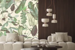 Naklejka: Egzotyczne białe kwiaty i zielone liście tropikalne