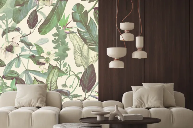 Naklejka: Egzotyczne białe kwiaty i zielone liście tropikalne