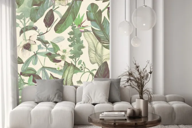 Naklejka: Egzotyczne białe kwiaty i zielone liście tropikalne