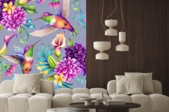 Naklejka: Egzotyczne kwiaty i kolibry w akwarelowej kompozycji
