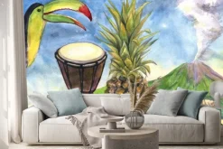 Naklejka: Egzotyczne martwa. akwarela. ananas, bęben, tukan, muszli morskich,