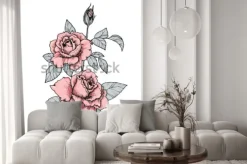 Naklejka: Elegancka winieta z różowymi różami. ręcznie rysowane na białym