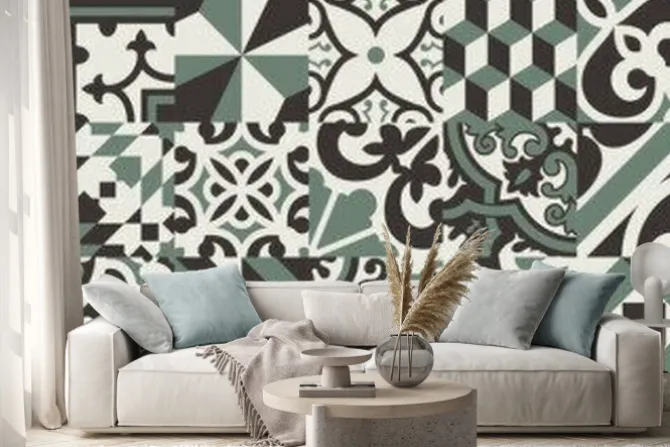 Naklejka: Encaustic floral and geometric tiles patchwork wallpaper vector