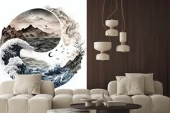 Naklejka: Fala i góry w stylu yin yang z ptakami