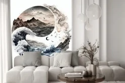 Naklejka: Fala i góry w stylu yin yang z ptakami