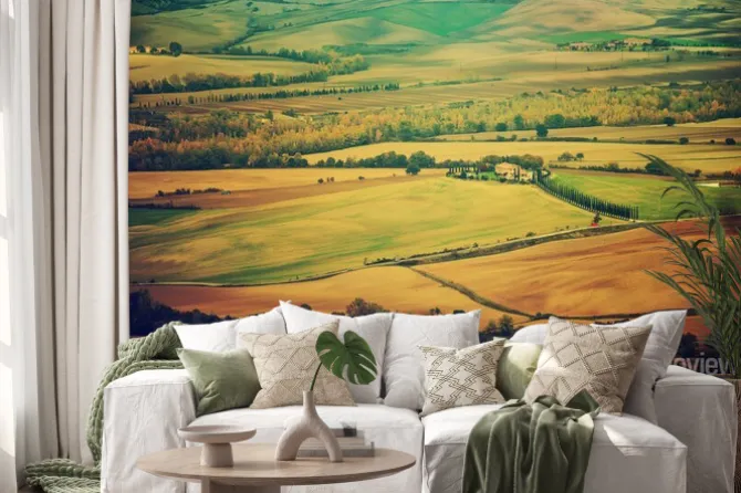 Naklejka: Faliste pola w toskanii o zachodzie słońca, włochy.