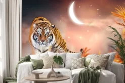 Naklejka: Fantasy tiger walking in jungles with palm trees on fabulous
