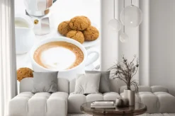 Naklejka: Filiżanka cappuccino i makarony na białym drewnianym stole