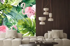 Naklejka: Flamingi w dużych tropikalnych liściach