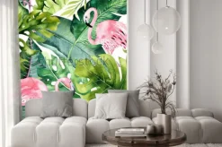 Naklejka: Flamingi w dużych tropikalnych liściach