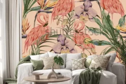 Naklejka: Flamingi wśród storczyków i liści w stylu akwarelowym