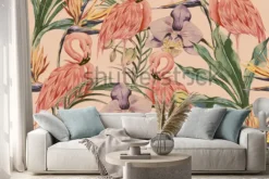 Naklejka: Flamingi wśród storczyków i liści w stylu akwarelowym