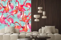 Naklejka: Flamingo birds seamless background. watercolor tropical nature