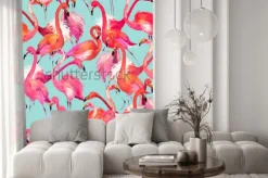 Naklejka: Flamingo birds seamless background. watercolor tropical nature