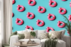 Naklejka: Flamingo float pattern on blue background. summer concept. 3d