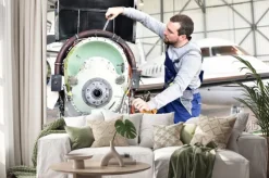 Naklejka: Fluggerätemechaniker repariert triebwerk von flugzeug im hangar