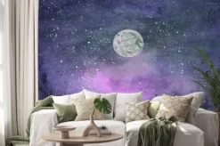 Naklejka: Forest in the fog, hills. silhouette of flying birds. moon in