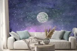 Naklejka: Forest in the fog, hills. silhouette of flying birds. moon in