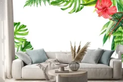 Naklejka: Frame, tropical leaves and flowers on an isolated background,