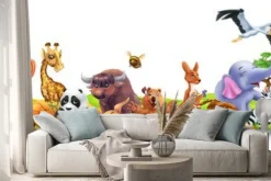 Naklejka: Funny animals. 3d vector panorama. quokka, shark, turtle, parrot,