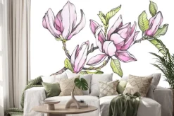 Naklejka: Gałąź purpurowy magnolii liliiflora z kwiatami i liśćmi. botaniczna