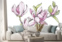 Naklejka: Gałąź purpurowy magnolii liliiflora z kwiatami i liśćmi. botaniczna