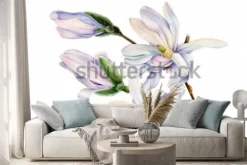 Naklejka: Gałąź wiosennych kwiatów magnolii na na białym tle, akwarela,