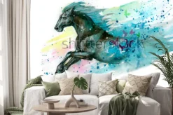 Naklejka: Galopujący koń na tle kolorowych plam abstrakcja