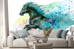 Naklejka: Galopujący koń na tle kolorowych plam abstrakcja