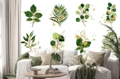 Naklejka: Gold green tropical leaves wedding bouquet with golden splatters