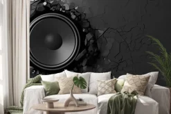 Naklejka: Głośnik na czarnym tle ściany. 3d ilustracji