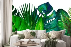 Naklejka: Gouache summer seamless border with mixed tropical leaves